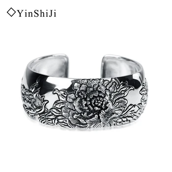 YinShiJi Retro 925 Sterling Sølv Armbånd Til Kvinder Lotus Blomst Vintage Sølv Smykker Kvindelige Håndlavet Åbning