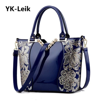 YK-Leik Europæiske og Amerikanske store kapacitet håndtasker i høj kvalitet patent læder broderet blomster damer skuldertaske