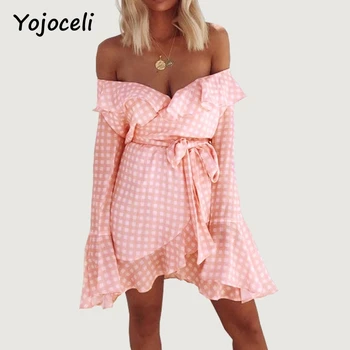 Yojoceli Flæsekanter off-shoulder kort plaid sexet kjole kvinder Flare ærmet vinger part to stykker klæde Boho strand sommer kjole