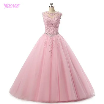 YQLNNE Pink Ball Gown Quinceanera Kjoler 2018 Vestidos De 15 Anos Tyl Lace-up Sweet 16 Kjole