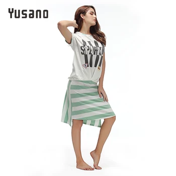 Yusano Sove Kjole Sexet Nattøj Kvinder T-shirt Top Mini Nederdel Bomuld Stripe Brev Print Nattøj Morgenkåbe Kvindelige Natkjole