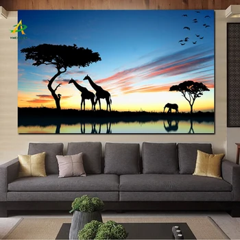 YWDECOR Giraf Afrikanske Elefant Søen Solnedgang Landskab Maleri Print på Lærred Dyr Væggen Billedet Cuadros Kunst til stuen