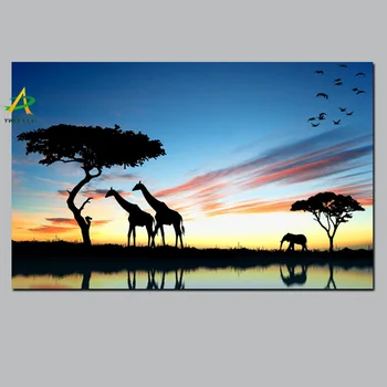 YWDECOR Giraf Afrikanske Elefant Søen Solnedgang Landskab Maleri Print på Lærred Dyr Væggen Billedet Cuadros Kunst til stuen