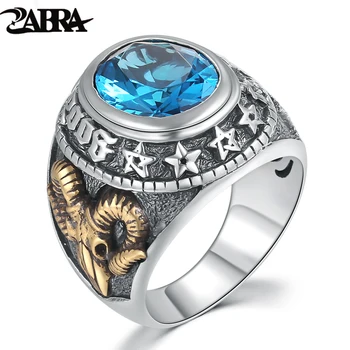 ZABRA 925 Silver Blue Zircon Mænd Ring Vintage Sten Punk Rock Guld Får Hovedet Thailandske Håndlavede Kvinder Ringe Sterling Sølv Smykker
