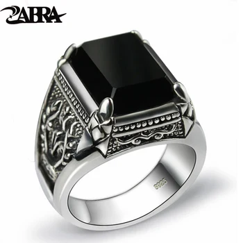 ZABRA Ægte 925 Sølv Sort Zircon Ring Til Mænd Kvindelige Indgraveret Blomst Mænd Mode Sterling Thai Sølv Smykker Syntetiske Onyx