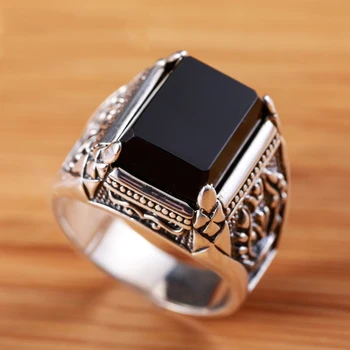 ZABRA Ægte 925 Sølv Sort Zircon Ring Til Mænd Kvindelige Indgraveret Blomst Mænd Mode Sterling Thai Sølv Smykker Syntetiske Onyx