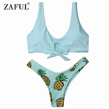Zaful 2017 Kvinder Nye Ananas Print Thong Bikini Bottom Sæt Sommer Sexet Badetøj Spaghetti-Stropper Badedragt Farverige Biquini