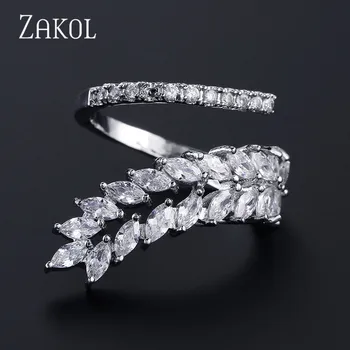 ZAKOL Mode Zircon vielsesringe AAA Klar Zirkonia Justerbar Ring For Kvinder Girl Vintage Blad Smykker FSRP239