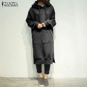 ZANZEA Kvinder 2018 Foråret Efteråret Casual Løs Lange Hættetrøjer Sweatshirt Fuld Ærme Fleece Split Hooded Dress Vestidos Plus Størrelse