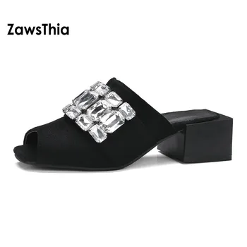 ZawsThia 2018 sommeren nye chunky pladsen høje hæle slide tøfler kvinde crystal muldyr kvinder slip på sko ekstra plus størrelse 46 48