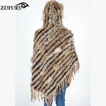 ZDFURS * hot salg strikket kanin pels poncho med hætte kvinder kaninpels strikket cape kappe hætte ZDKR-165007
