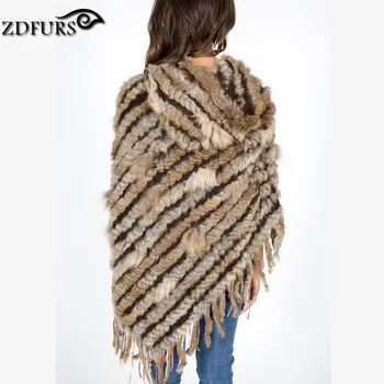 ZDFURS * hot salg strikket kanin pels poncho med hætte kvinder kaninpels strikket cape kappe hætte ZDKR-165007