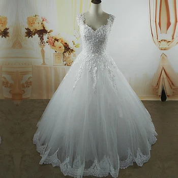 ZJ9076-C 2016 2017 Hvid Elfenben perler Bryllup Kjoler med blonder nederst til brude kjole plus size 2-26W