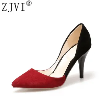 ZJVI kvinde mode mix farve spids tå Tynde høje hæle pumper kvinder sommeren rød sort sko elegante kvinder kjole Pumper