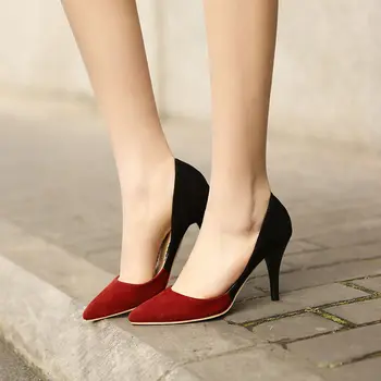 ZJVI kvinde mode mix farve spids tå Tynde høje hæle pumper kvinder sommeren rød sort sko elegante kvinder kjole Pumper