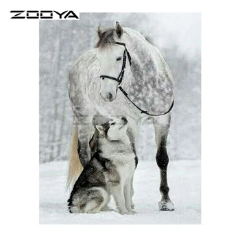 ZOOYA 5D Diamant Broderi Vinter Snow White Horse &Wolf Hund Diamant Maleri Cross Stitch-Pladsen Bore Mosaik Dekoration BK498