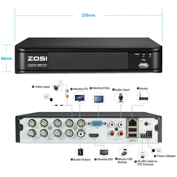 ZOSI 4-I-1-8CH CCTV DVR Sikkerhed DVR H. 264 720P Digital Video-Optager med HDMI Video Output Understøtter iPhone, Android-Telefon