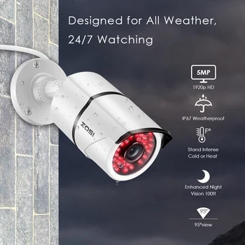 ZOSI 8CH HD 5.0 MP Udendørs/ Indendørs Sikkerhed Kamera System med 8 x 5MP 2560*1920 HD CCTV Kamera Pre-Installeret 2TB Harddisk
