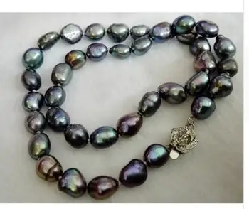 Ægte 9-10mm sort blå grøn brun grå farver barok perle halskæde ægte naturlige Perler bryllup Kvinder Gave ord 925 sølv