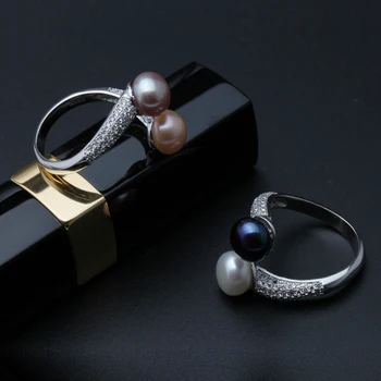 Ægte 925 Sterling Sølv Dobbelt Perle Ringe Kvinder, AAA Cubic Zircon Mode Smykker, Vintage Bryllup Ringe Gave Sort Justerbar