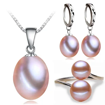 Ægte ferskvands perle smykker sæt kvinder,naturlige perle smykker sæt 925 sølv mor vedhæng ring øreringe party top kvalitet