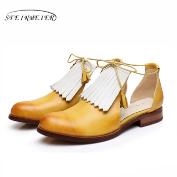 Ægte Læder flade Sandaler, sko yinzo kvinder håndlavet gul beige blå vintage Firkantet Tå Britisk stil 2017