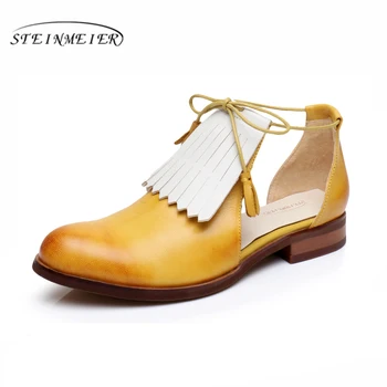 Ægte Læder flade Sandaler, sko yinzo kvinder håndlavet gul beige blå vintage Firkantet Tå Britisk stil 2017