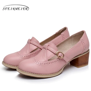 Ægte læder stor kvinde sko OS, størrelse 9 designer vintage Høje hæle rund tå håndlavet pink hvid blakc blå pumps 2017 sping