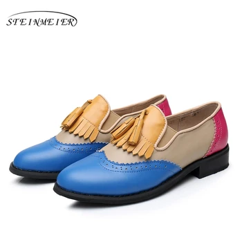 Ægte læder stor kvinde US11 designer vintage fladskærms steg blå sko rund tå håndlavet sort gul oxford sko til kvinder fur