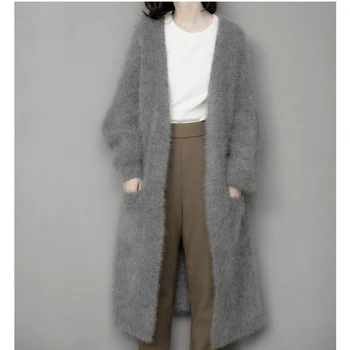 ægte mink cashmere sweater kvinder ren cashmere cardigan strikket mink jacketn vinter lang pels gratis fragt M1035